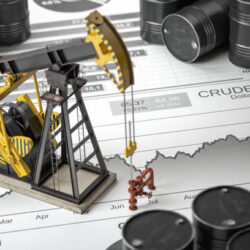 Oil pump jack and barrels on newpaper with growth of price of crude oil. Stock market of crude oil, investment and petroleum industry.  3d illustraton
