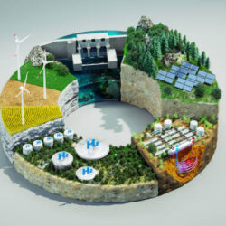 Digital generated image of abstract sustainable energy circular doughnut chart made out of multiple types of green energy cross sections - hydroelectric, geothermal, hydrogen, wind and solar energy.